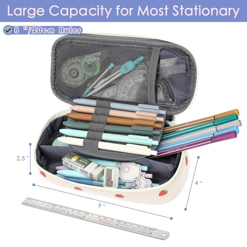 FlowFly Large Capacity Pencil Case for Kids, Boys & Girls – Zippered Multi-Functional Pen Pouch, Soft & Portable Pencil Bag for School, Teens, Students, Corduroy Strawberries Beige - Image 3