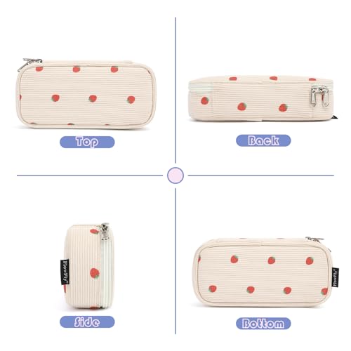 FlowFly Large Capacity Pencil Case for Kids, Boys & Girls – Zippered Multi-Functional Pen Pouch, Soft & Portable Pencil Bag for School, Teens, Students, Corduroy Strawberries Beige - Image 5