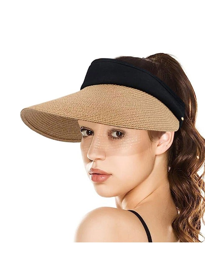 GUSGU Women's Sun Visor Hats Wide Brim Straw Visors Foldable Beach Visors Summer Roll Up Ponytail Beach Hat  for Women Travel Khaki - Image 1