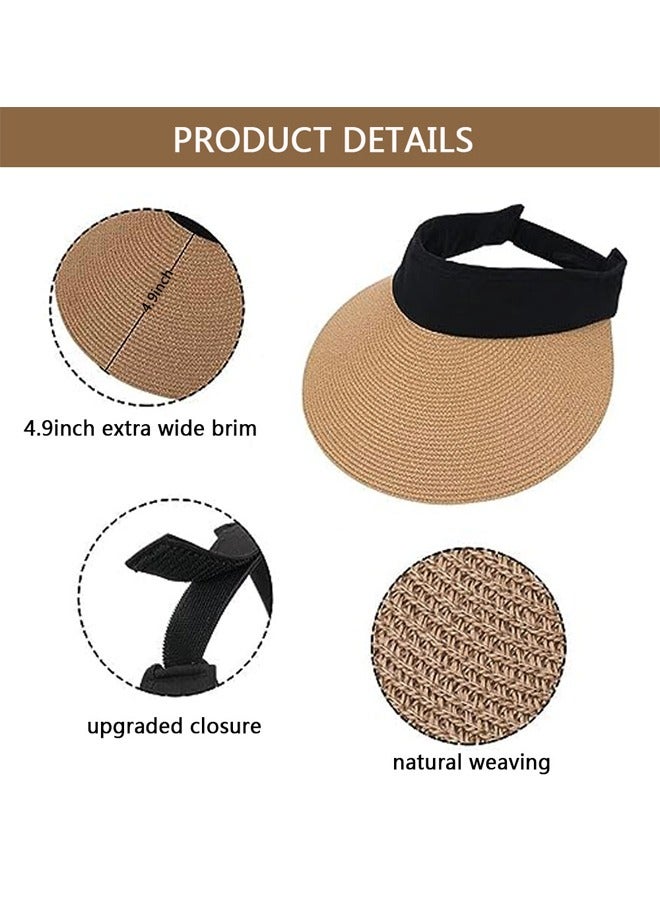 GUSGU Women's Sun Visor Hats Wide Brim Straw Visors Foldable Beach Visors Summer Roll Up Ponytail Beach Hat  for Women Travel Khaki - Image 2