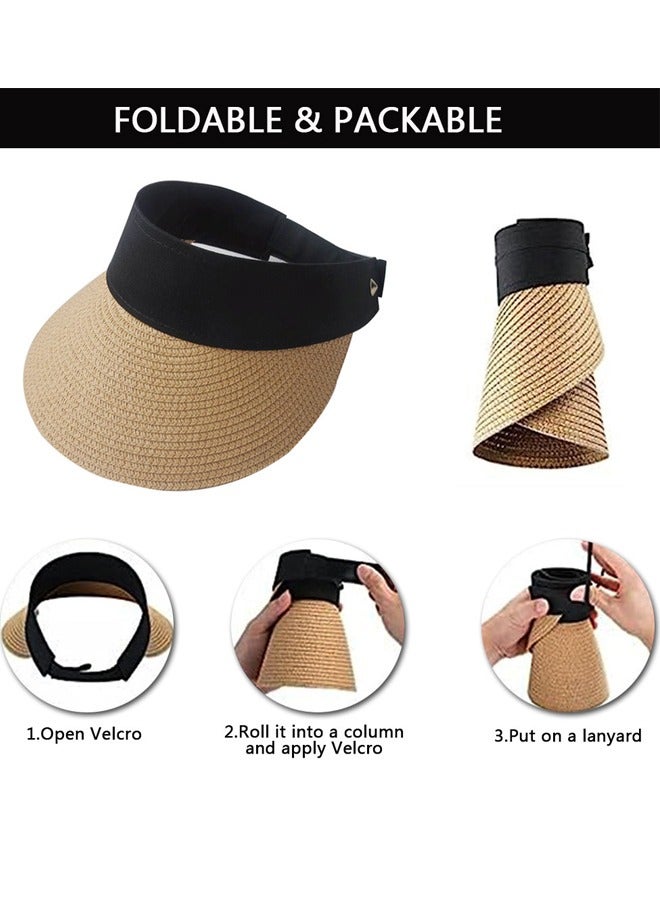 GUSGU Women's Sun Visor Hats Wide Brim Straw Visors Foldable Beach Visors Summer Roll Up Ponytail Beach Hat  for Women Travel Khaki - Image 3