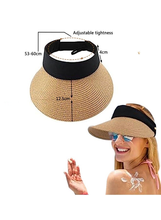 GUSGU Women's Sun Visor Hats Wide Brim Straw Visors Foldable Beach Visors Summer Roll Up Ponytail Beach Hat  for Women Travel Khaki - Image 4