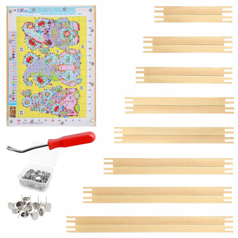 Yeeyeah 16 Pcs 8 Sets Stretcher Bars for Needlework 6 Sizes Wooden Canvas Stretcher Bars with 40 Thumb Tacks and Tacks Remover for Needlepoint Embroidery Stitch Frame Set Bundle with Crafts - Image 1