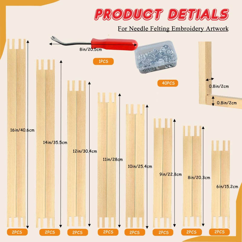 Yeeyeah 16 Pcs 8 Sets Stretcher Bars for Needlework 6 Sizes Wooden Canvas Stretcher Bars with 40 Thumb Tacks and Tacks Remover for Needlepoint Embroidery Stitch Frame Set Bundle with Crafts - Image 2