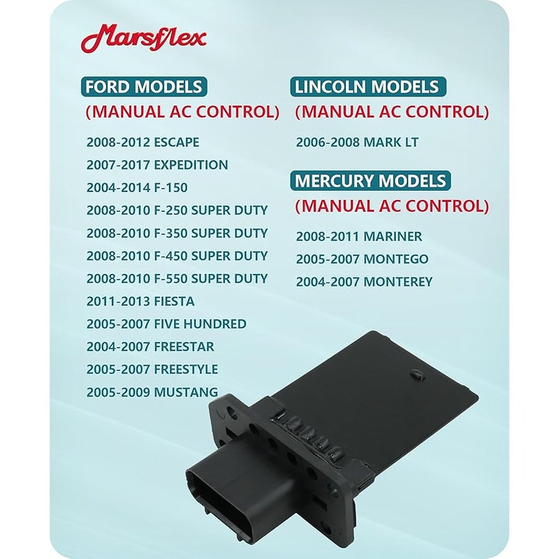 Marsflex مارسفليكس مقاوم محرك منفاخ 973-444 2008 2009 2010 2011 2012 لفورد F150 اكسبيديشن فيستا فري ستايل موستانج، لينكولن وميركوري، مقاوم منفاخ 3F2Z18591AA YH1715 للتحكم اليدوي في التيار المتردد - Image 2