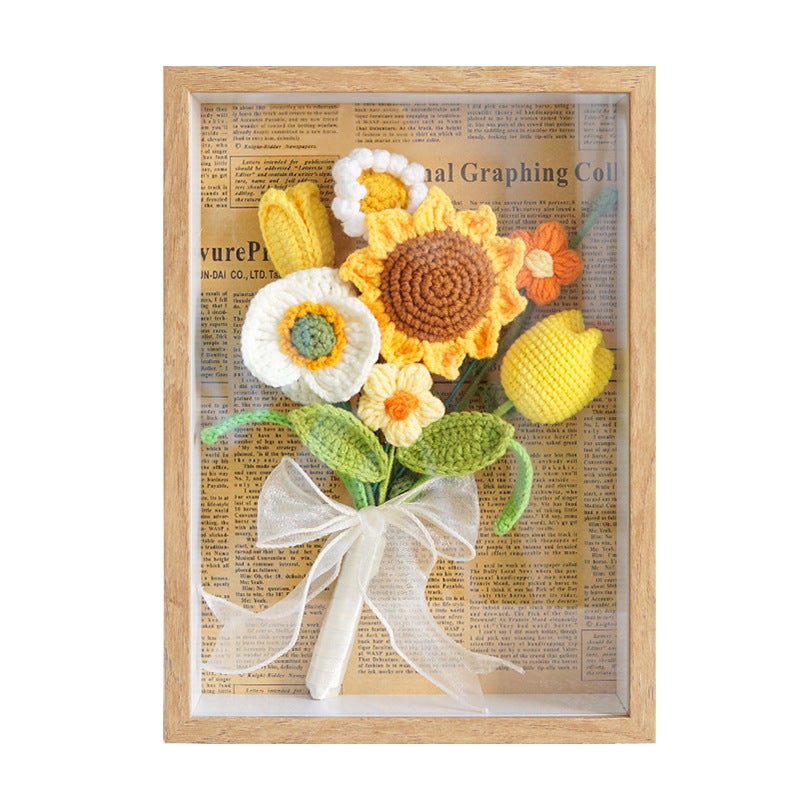 Handmade Knit Flowers Photo Frame | Artificial Hand- Knitted Sunflower Bouquet Wall Decor,Home Offices Decors, Desk Tabletop Ornaments, Gift for Mother’s Day, Anniversary, Wedding - Image 1