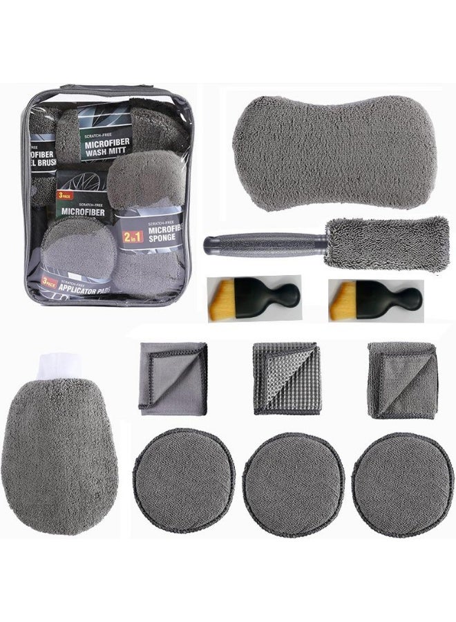 11-Piece Car Cleaning Kit,Tire Brush,Microfiber Gloves,Interior & Exterior Detailing,Grey