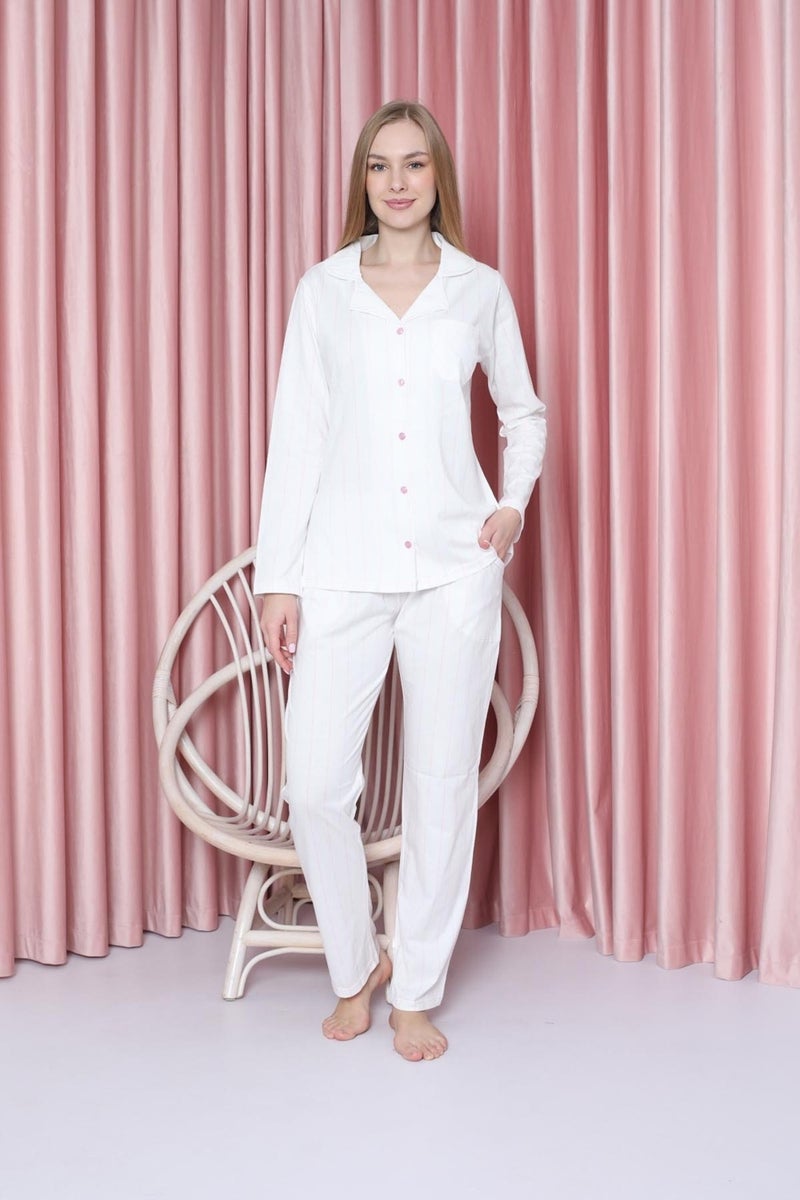 Ahengim Women's Pajama Set Jersey Long Sleeve Thin Striped Jacket Collar Cotton Seasonal W20602299  - Image 1