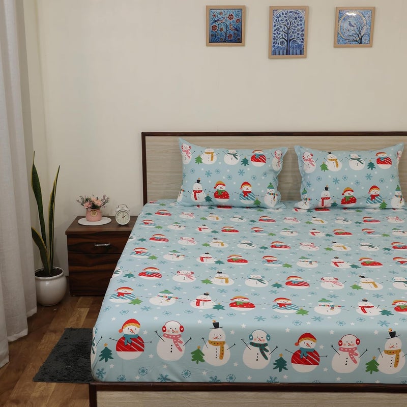 Cottington Lane Cottington Lane Microfiber 144 TC Printed Bedsheet for King Bed with 2 Pillow Covers for Summer Breathable Soft Wrinklefree Soft Touch Skin Friendly102x108 Inches Starry Snowmen  - Image 1