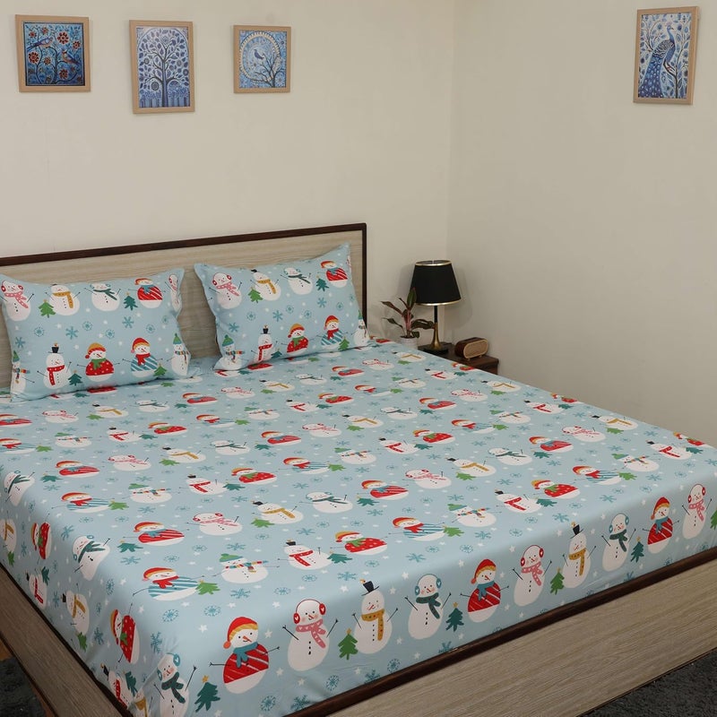 Cottington Lane Cottington Lane Microfiber 144 TC Printed Bedsheet for King Bed with 2 Pillow Covers for Summer Breathable Soft Wrinklefree Soft Touch Skin Friendly102x108 Inches Starry Snowmen  - Image 2