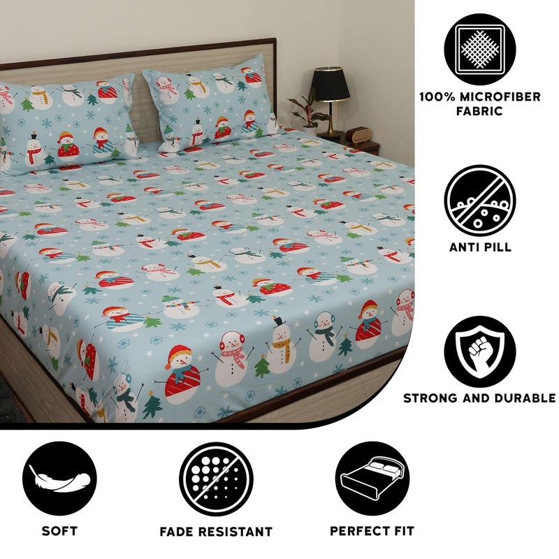 Cottington Lane Cottington Lane Microfiber 144 TC Printed Bedsheet for King Bed with 2 Pillow Covers for Summer Breathable Soft Wrinklefree Soft Touch Skin Friendly102x108 Inches Starry Snowmen  - Image 4