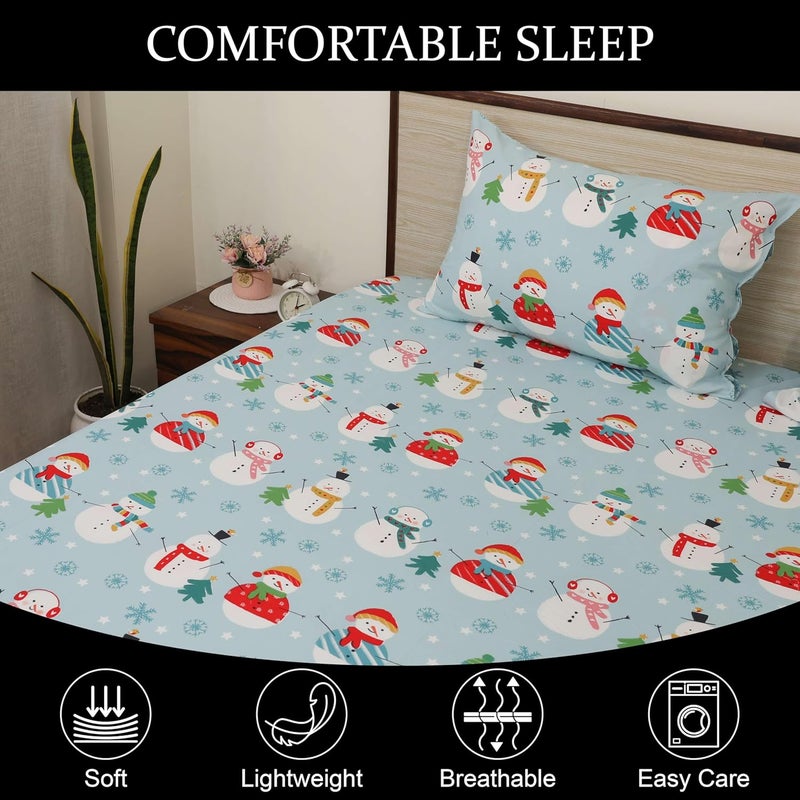 Cottington Lane Cottington Lane Microfiber 144 TC Printed Bedsheet for King Bed with 2 Pillow Covers for Summer Breathable Soft Wrinklefree Soft Touch Skin Friendly102x108 Inches Starry Snowmen  - Image 5