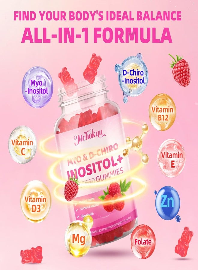 Mchokuu Myo-Inositol & D-Chiro Inositol Gummies, Ideal 40:1 Ratio Supplement for Women with Vitamin D3 & B12 for Support Hormonal Balance & Wellness, Sugar Free, Raspberry, 60 Count - Image 2