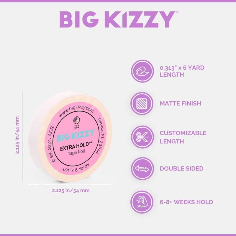 Big Kizzy Extra Hold Double Sided Hair Extension Tape Roll - 0.313" x 6 Yards - 7+ Weeks of Wear - Strong Hold Replacement Tape for Weft or Express Weft, Made in USA, Medical Grade Adhesive - Image 3