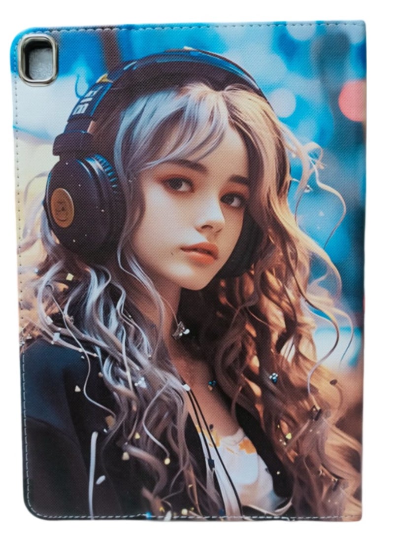 Girl Wearing Headphones Print Flip Case Compatible with iPad 10.2/10.5 Inch 2021/2020 iPad 9th/8th Generation & 2019 iPad 7th Generation with Pencil Holder, Protective Case with Soft TPU Back, Auto Sleep/Wake Cover - Image 1