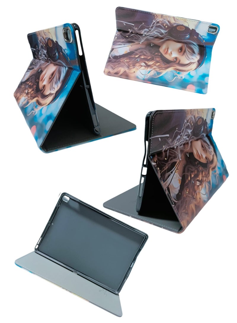 Girl Wearing Headphones Print Flip Case Compatible with iPad 10.2/10.5 Inch 2021/2020 iPad 9th/8th Generation & 2019 iPad 7th Generation with Pencil Holder, Protective Case with Soft TPU Back, Auto Sleep/Wake Cover - Image 2
