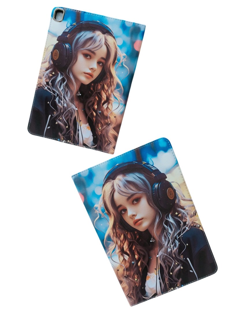 Girl Wearing Headphones Print Flip Case Compatible with iPad 10.2/10.5 Inch 2021/2020 iPad 9th/8th Generation & 2019 iPad 7th Generation with Pencil Holder, Protective Case with Soft TPU Back, Auto Sleep/Wake Cover - Image 3