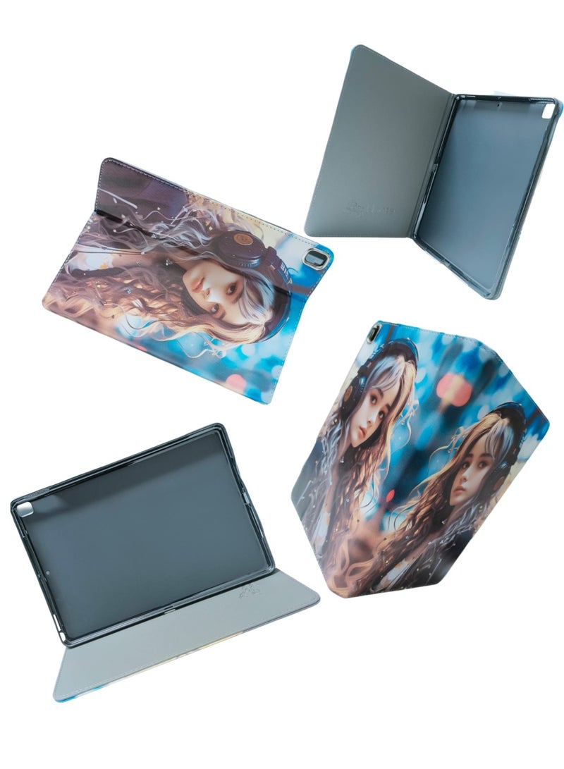 Girl Wearing Headphones Print Flip Case Compatible with iPad 10.2/10.5 Inch 2021/2020 iPad 9th/8th Generation & 2019 iPad 7th Generation with Pencil Holder, Protective Case with Soft TPU Back, Auto Sleep/Wake Cover - Image 4
