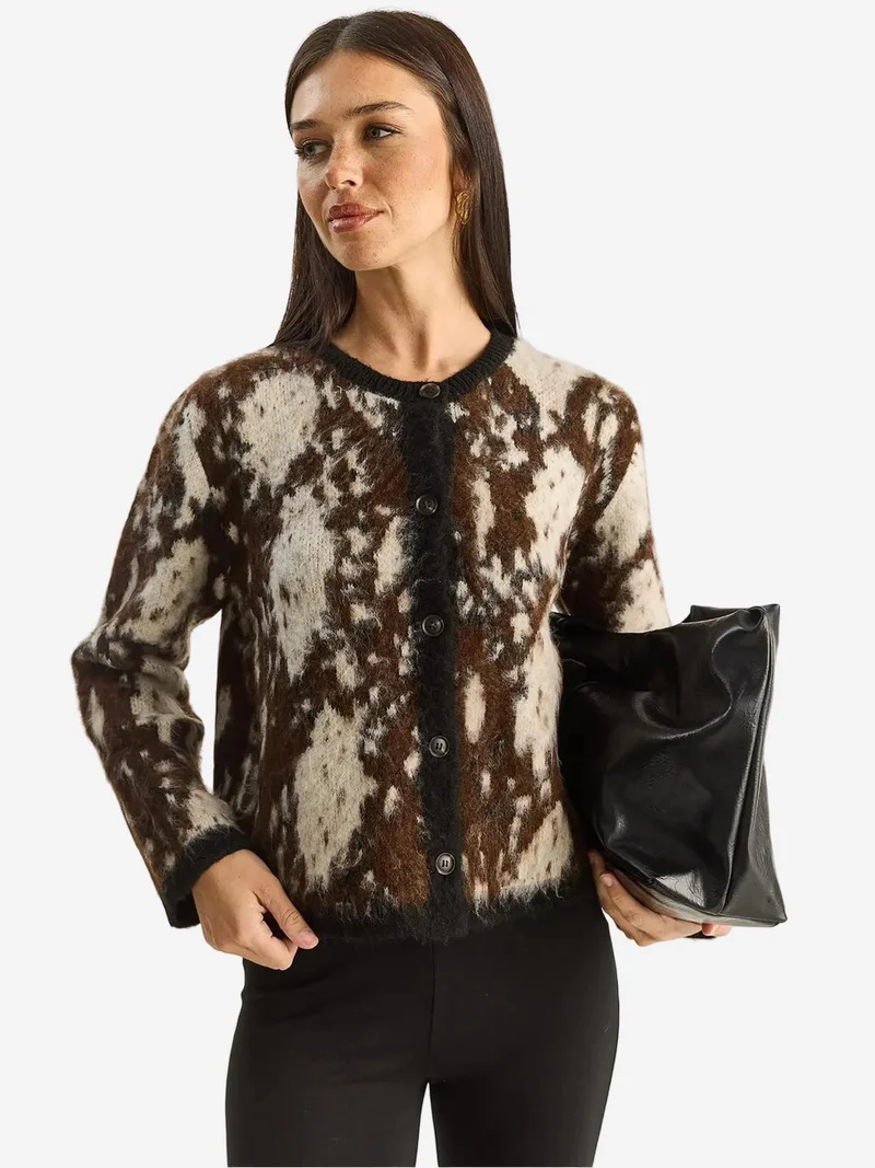 Bianco Lucci Dark Mocha Brown LUCCI Jacquard Patterned Long Sleeve Button Cardigan for Women | Best Price UAE