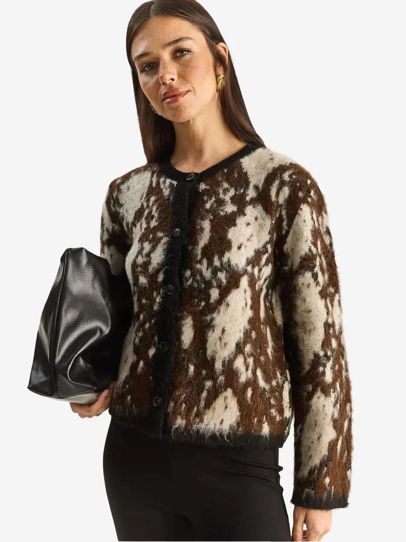 Bianco Lucci Dark Mocha Brown LUCCI Jacquard Patterned Long Sleeve Button Cardigan for Women | Best Price UAE