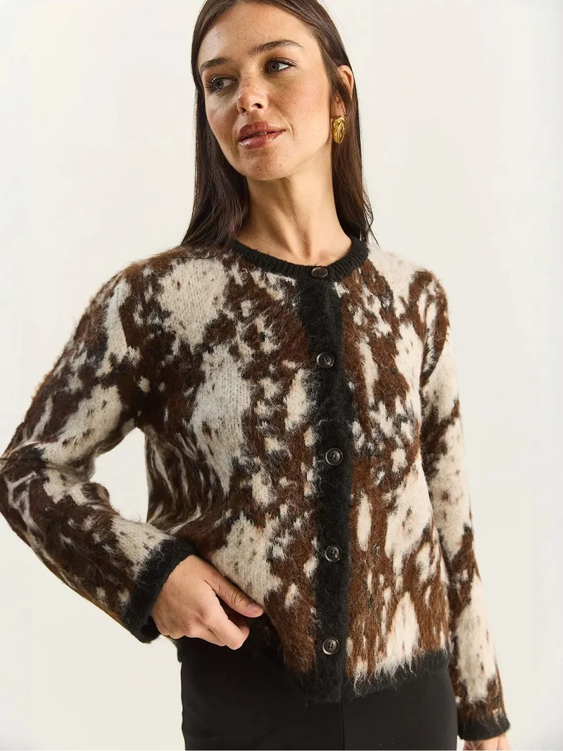 Bianco Lucci Dark Mocha Brown LUCCI Jacquard Patterned Long Sleeve Button Cardigan for Women | Best Price UAE