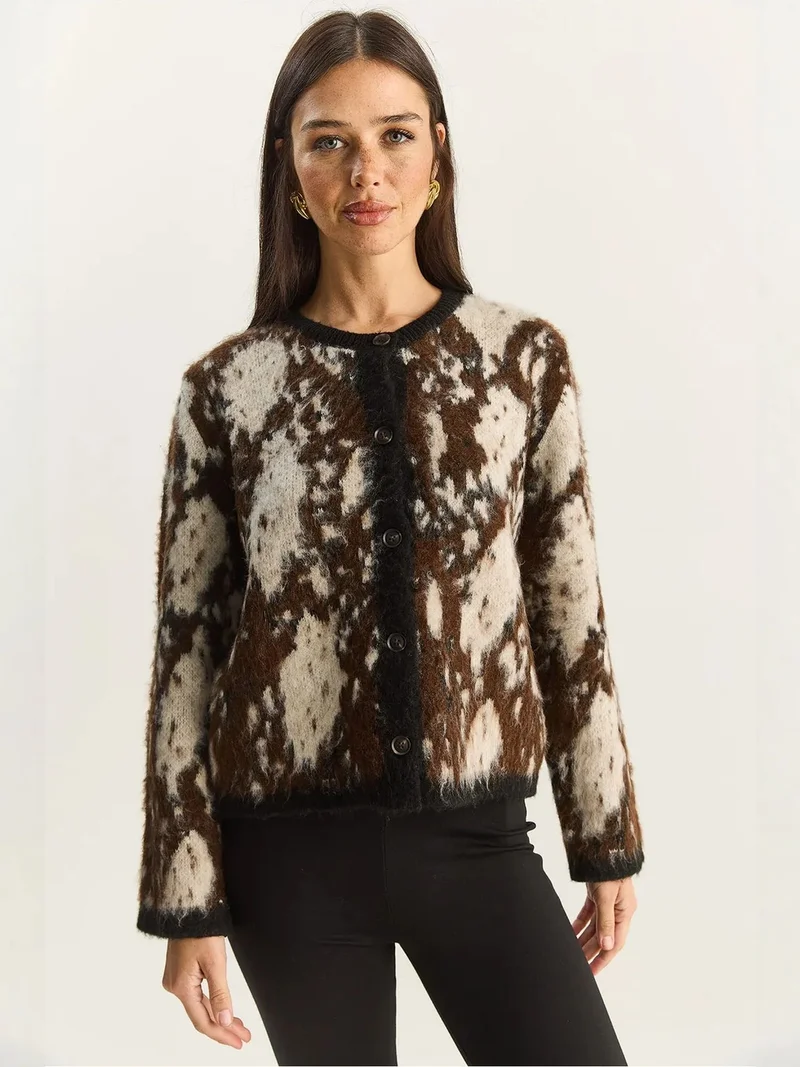 Bianco Lucci Dark Mocha Brown LUCCI Jacquard Patterned Long Sleeve Button Cardigan for Women | Best Price UAE