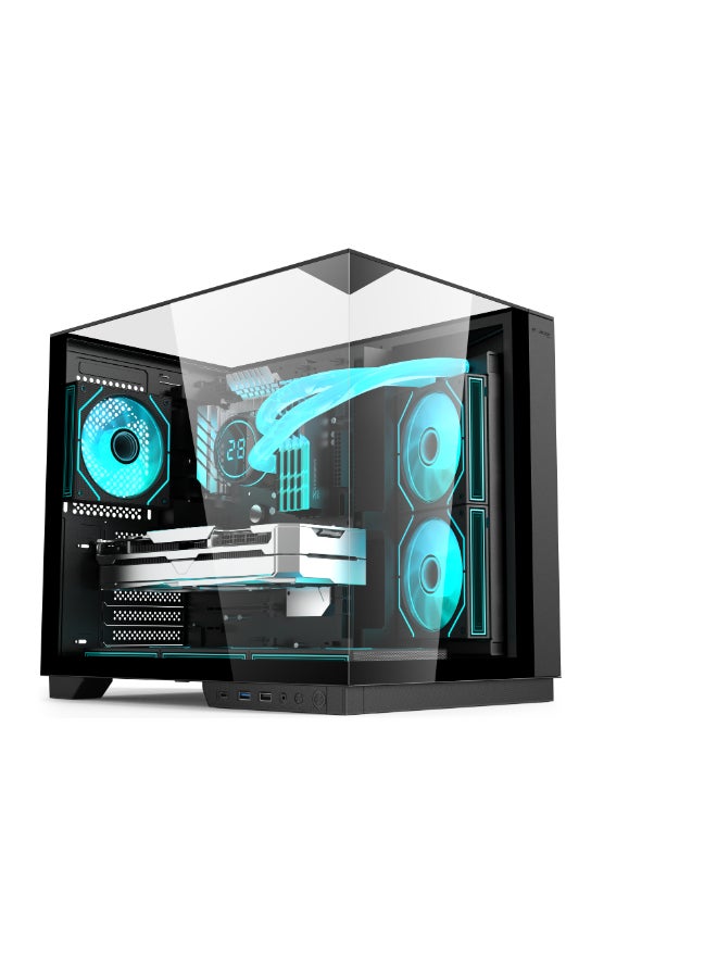 أيسر كيس كمبيوتر V330BK، كيس كمبيوتر ATX، لوح زجاج مقسّى أمامي وجانبي، 6 مراوح RGB مثبتة مسبقًا مع ريموت كنترول، هيكل فولاذ SPCC، 3 منافذ USB، يدعم لوحات ATX / M-ATX / ITX، كيس ألعاب أسود - Image 1