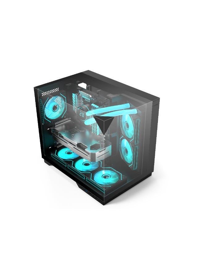 أيسر كيس كمبيوتر V330BK، كيس كمبيوتر ATX، لوح زجاج مقسّى أمامي وجانبي، 6 مراوح RGB مثبتة مسبقًا مع ريموت كنترول، هيكل فولاذ SPCC، 3 منافذ USB، يدعم لوحات ATX / M-ATX / ITX، كيس ألعاب أسود - Image 2