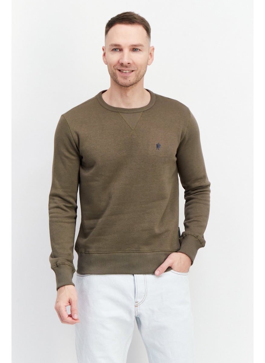French Connection Men Round Neck Long Sleeve Brand Logo Sweatshirt, Olive  - Image 1