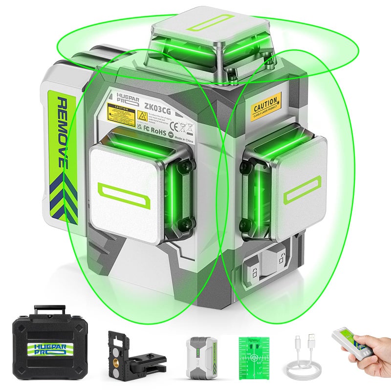 HueparPro مستوى الليزر الذاتي التسوية 3x360 3D الأخضر عبر خط مستوى الليزر أداة للبناء وتعليق الصورة 8000 مللي أمبير بطارية قابلة للشحن وحدة تحكم عن بعد حامل مغناطيسي وحقيبة حمل صلبة - Image 1