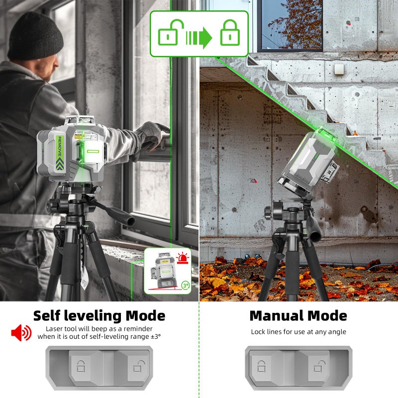 HueparPro مستوى الليزر الذاتي التسوية 3x360 3D الأخضر عبر خط مستوى الليزر أداة للبناء وتعليق الصورة 8000 مللي أمبير بطارية قابلة للشحن وحدة تحكم عن بعد حامل مغناطيسي وحقيبة حمل صلبة - Image 5