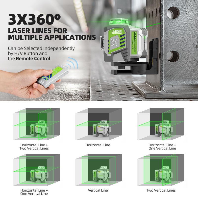 HueparPro مستوى الليزر الذاتي التسوية 3x360 3D الأخضر عبر خط مستوى الليزر أداة للبناء وتعليق الصورة 8000 مللي أمبير بطارية قابلة للشحن وحدة تحكم عن بعد حامل مغناطيسي وحقيبة حمل صلبة - Image 4