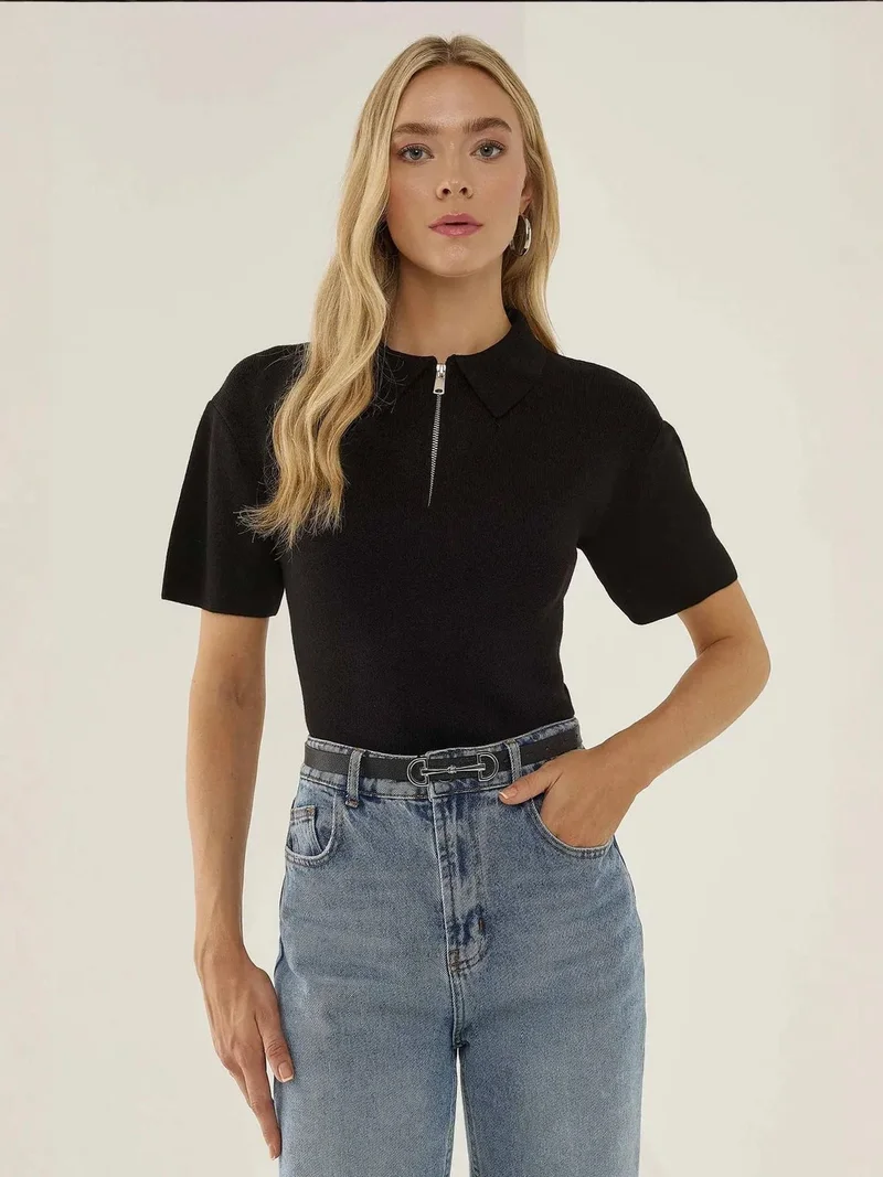 HICCUP Polo Collar Zippered Sweater