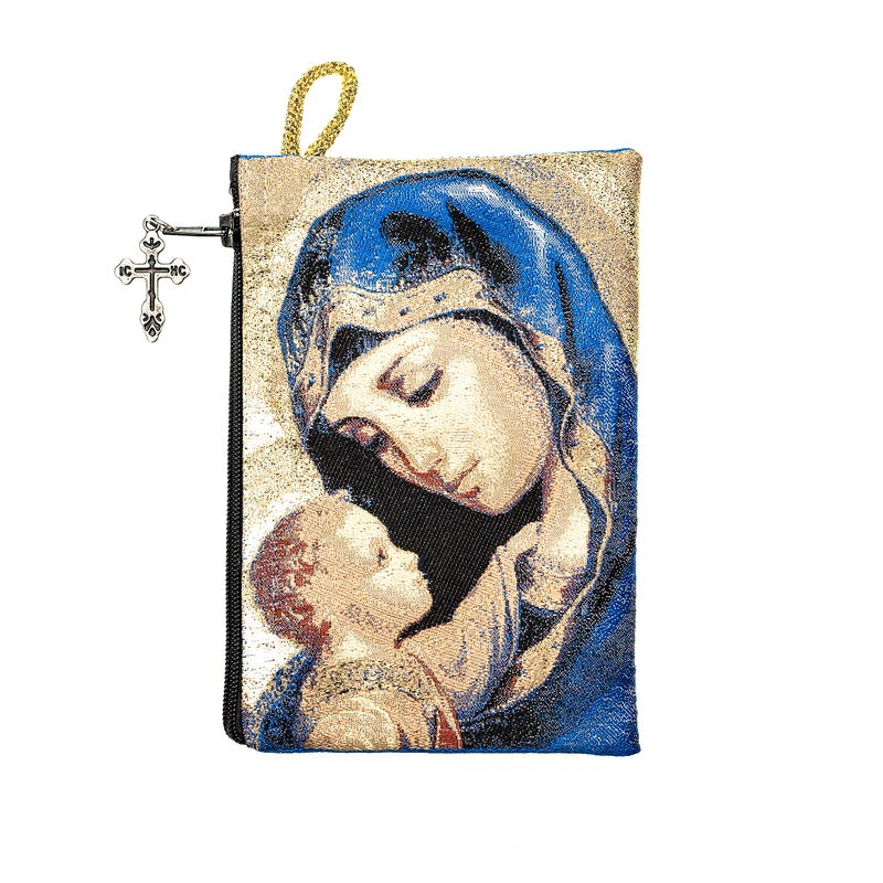 Intercession HandWoven Lined Madonna and Child Rosary Pouch Made in Turkey with Premium Metallic Thread Blue  Large