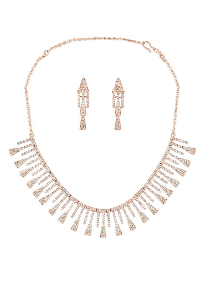 Ami Rose Gold Dazzling Cubic Zirconia Designer Brass Necklace Earring Set For Women-ZPFK20398 - Image 1