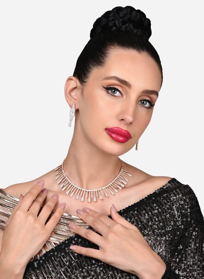 Ami Rose Gold Dazzling Cubic Zirconia Designer Brass Necklace Earring Set For Women-ZPFK20398 - Image 4