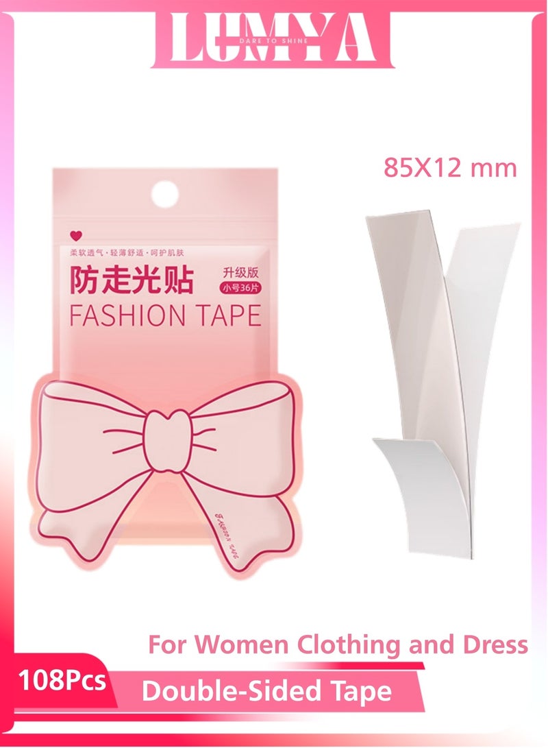 LUMYA 108 Strips Double-Sided Tape for Clothes and Fashion, Fashion Invisible Anti-Slip Stickers, All-Day Strength Adhesive Tape for Women Clothing and Dress, Body and Boob, Fabric Tape for Sensitive Skin, Sweatproof & Waterproof Fashion Tape, Multi-Purpose Garment Fixing Tape (Clear) - Image 1