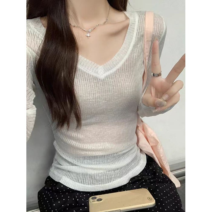 Pure V-neck micro-transparent thin sunscreen T-shirt womens 2024 autumn hot girl slim-fit slimming blouse tulle long sleeve top Black - Image 4