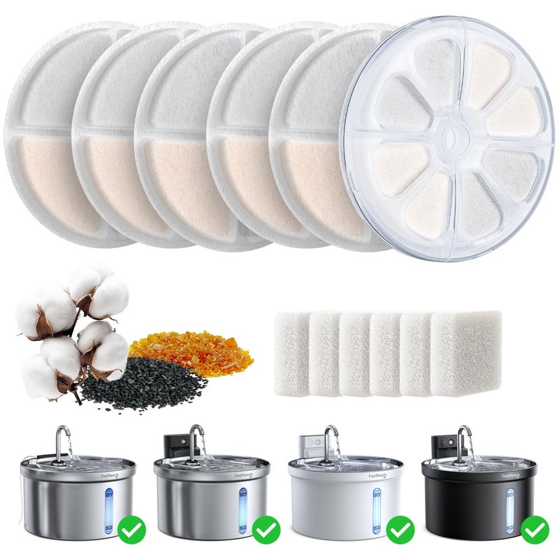 FEELNEEDY 6 Pack Cat Water Fountain Filter & 6 Pack Pump Filter Sponges Replacement for [FN-W08L] and [FN-W06] - 6 Filters+1 ABS Shell+6 Sponges - Image 1