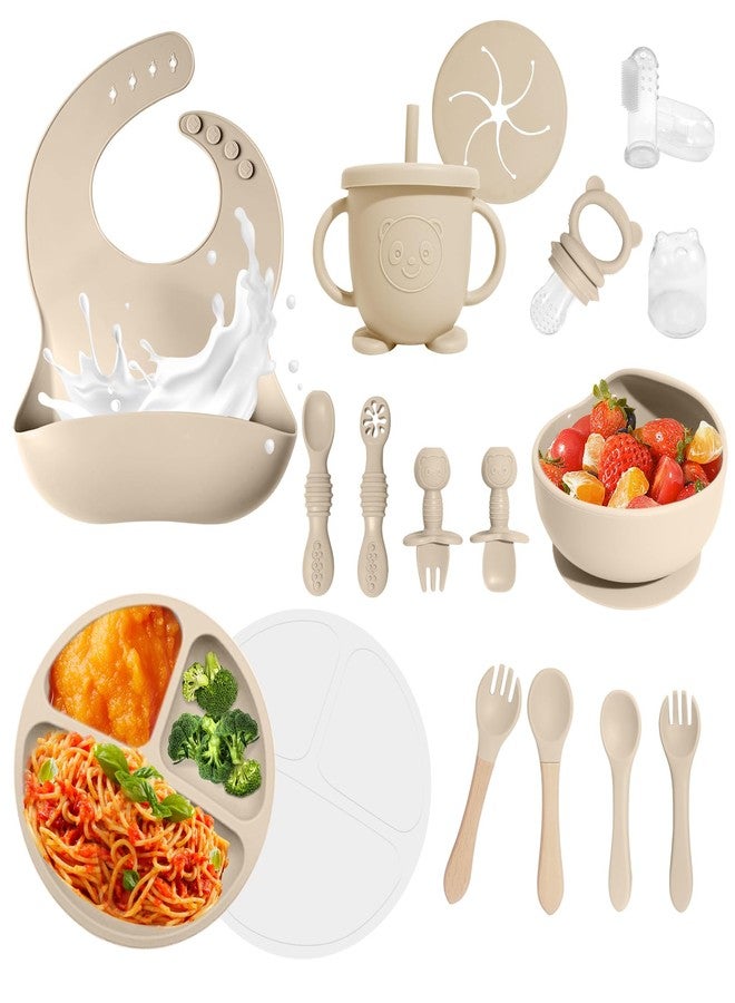 Catvegue LED Baby Weaning Supplies, 17 Pcs Silicone BPA Free Eating Essentials Baby Utensils with Suction Plate and Bowl, Pocket Bib, Drinking Cup with Lid, for 6+ - Image 1