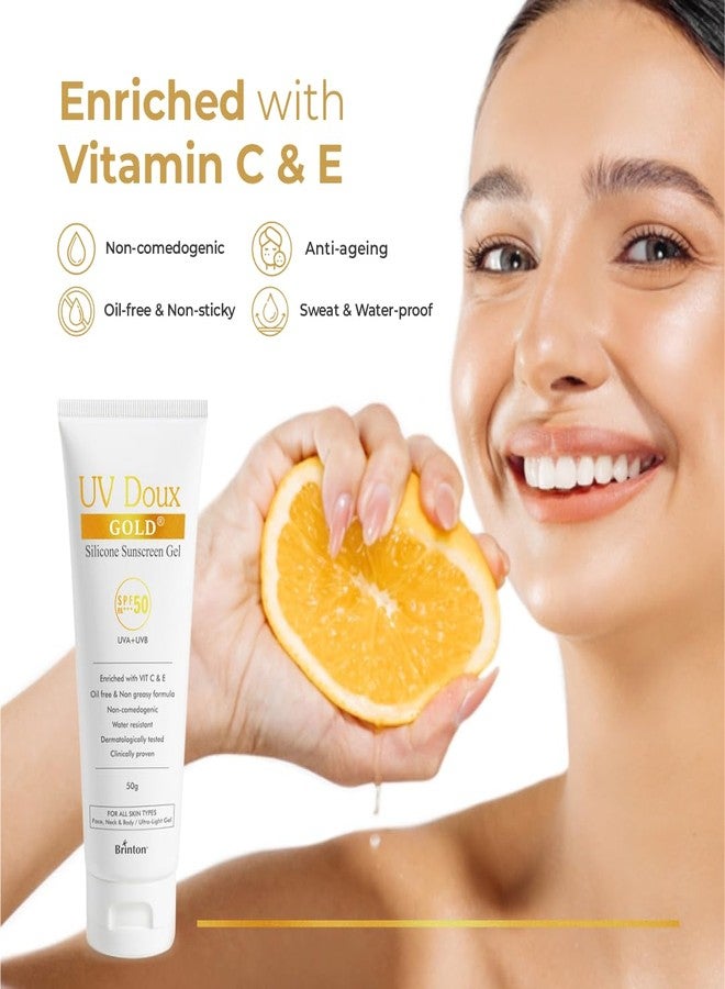Brinton جل واقي الشمس برينتون يو في دوكس جولد سيليكون SPF 50 PA+++ مع فيتامين C&E | مختبر سريرياً، مقاوم للماء وغير دهني | حماية UVA/UVB ضد أشعة UVA/UVB | لجميع أنواع البشرة، 100 جرام (عبوة من 1) - Image 4
