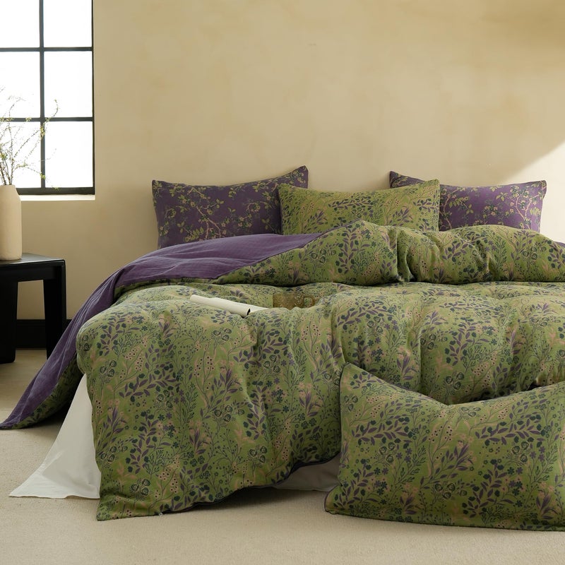BISELINA 100% Cotton Muslin Duvet Cover Set Queen, 3 Pcs Yarn-Dyed Jacquard Textured Reversible Floral Design, Soft and Breathable Bedding Set with Zipper Closure, Green Purple - Image 1