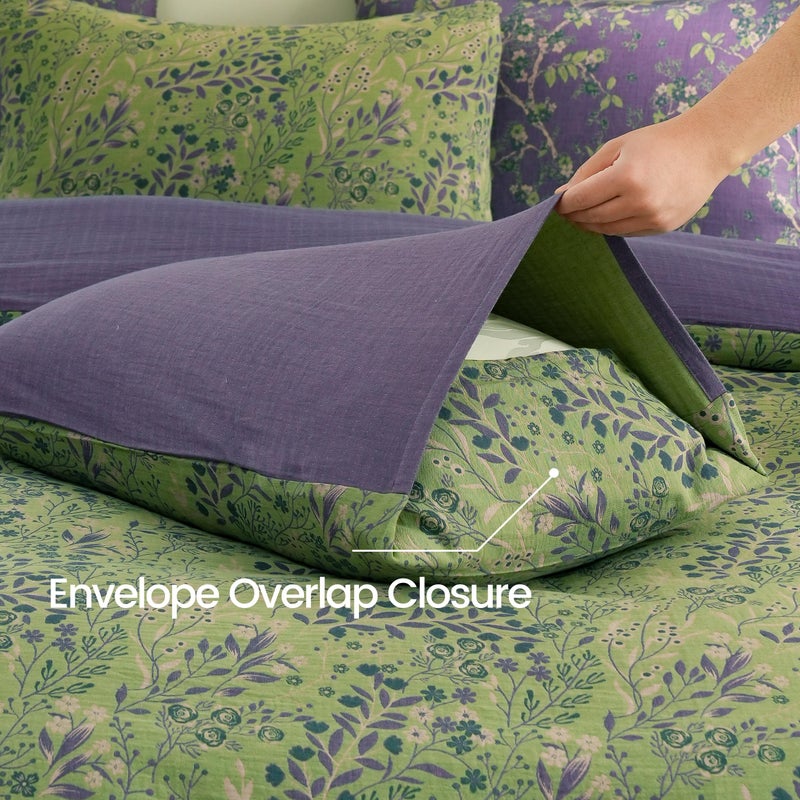 BISELINA 100% Cotton Muslin Duvet Cover Set Queen, 3 Pcs Yarn-Dyed Jacquard Textured Reversible Floral Design, Soft and Breathable Bedding Set with Zipper Closure, Green Purple - Image 5