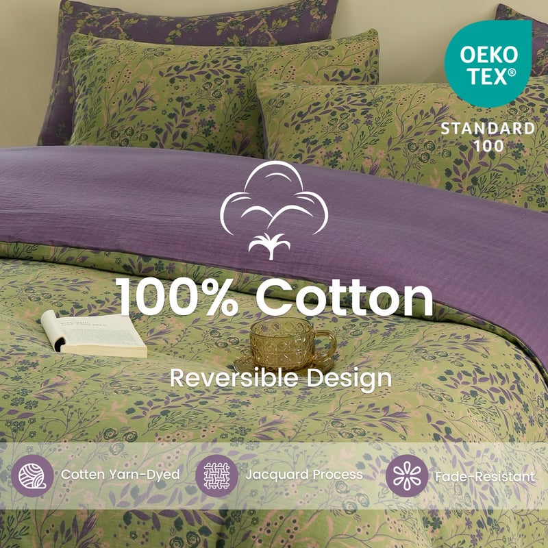 BISELINA 100% Cotton Muslin Duvet Cover Set Queen, 3 Pcs Yarn-Dyed Jacquard Textured Reversible Floral Design, Soft and Breathable Bedding Set with Zipper Closure, Green Purple - Image 2