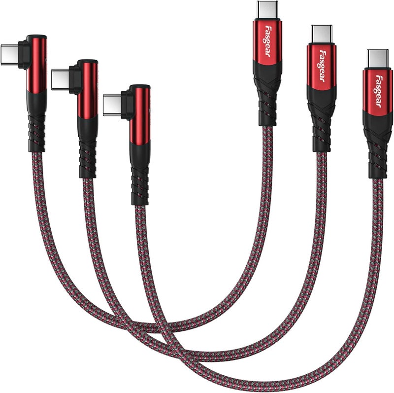 Fasgear كابل USB C إلى USB C قصير، 3 عبوات بطول 1 قدم (30 سم) 60 واط، كابل شحن سريع USB 2.0 من النوع C مع PD بزاوية 90 درجة، متوافق مع Galaxy S22/S20 Ultra Pixel 6 Mac-Book Air i-Pad Pro 2020/2021/Mini6 (أحمر) - Image 1