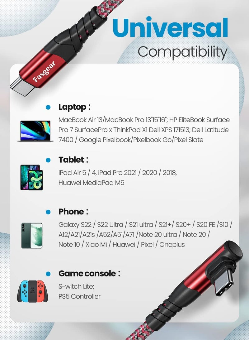 Fasgear كابل USB C إلى USB C قصير، 3 عبوات بطول 1 قدم (30 سم) 60 واط، كابل شحن سريع USB 2.0 من النوع C مع PD بزاوية 90 درجة، متوافق مع Galaxy S22/S20 Ultra Pixel 6 Mac-Book Air i-Pad Pro 2020/2021/Mini6 (أحمر) - Image 5