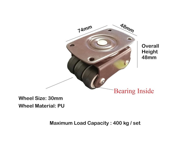 DROPTECH 6 Wheel Castor Wheels Moving 30 mm Wheel Caster for Furniture Table Trolley BlackBrown 400 kg Load Capacity PU Material with Bearing A67 Pack of 4 - Image 3