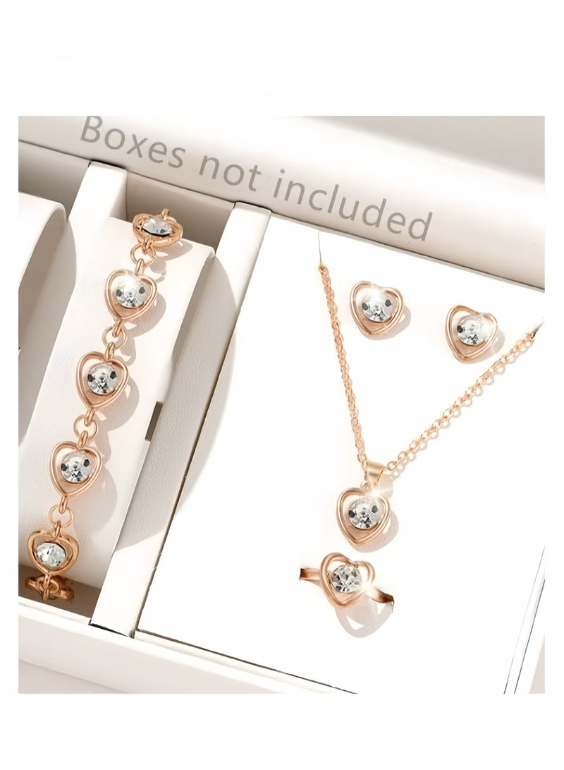 GAIETY Ladies Rose Gold White PU Strap Roman Dial Watch and Diamond Heart Necklace Bracelet Ring Earring Jewelry Set 5 Pcs - Image 3