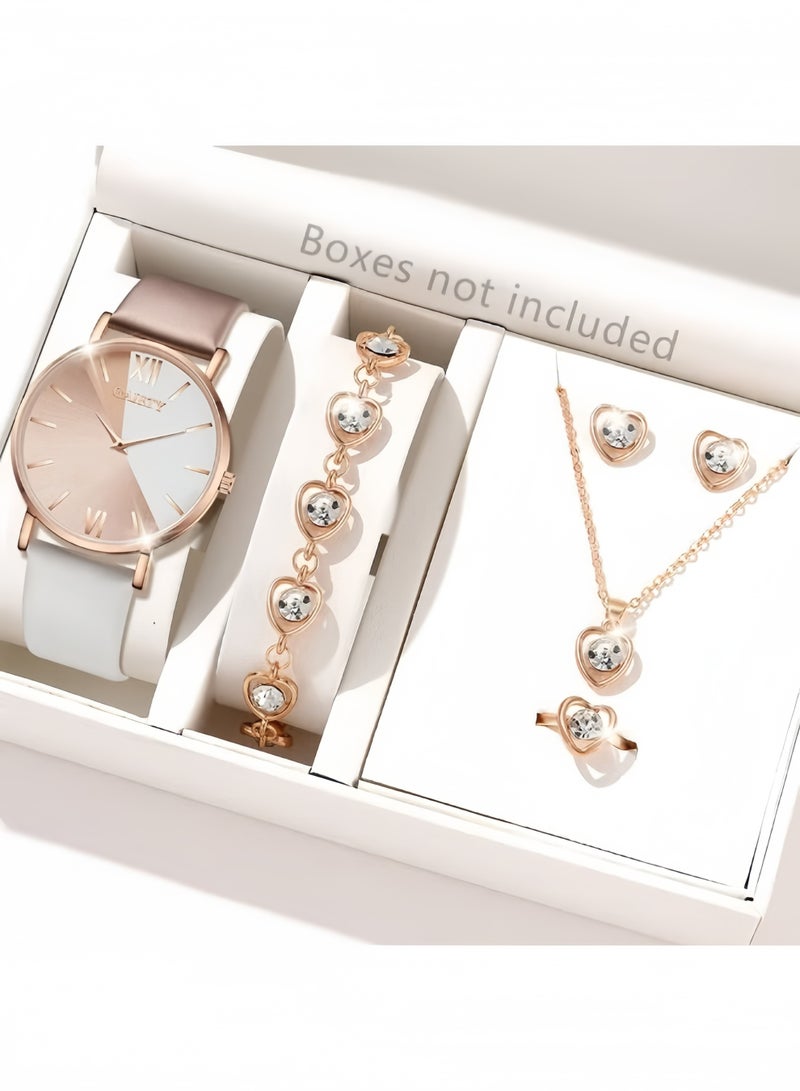 GAIETY Ladies Rose Gold White PU Strap Roman Dial Watch and Diamond Heart Necklace Bracelet Ring Earring Jewelry Set 5 Pcs - Image 1