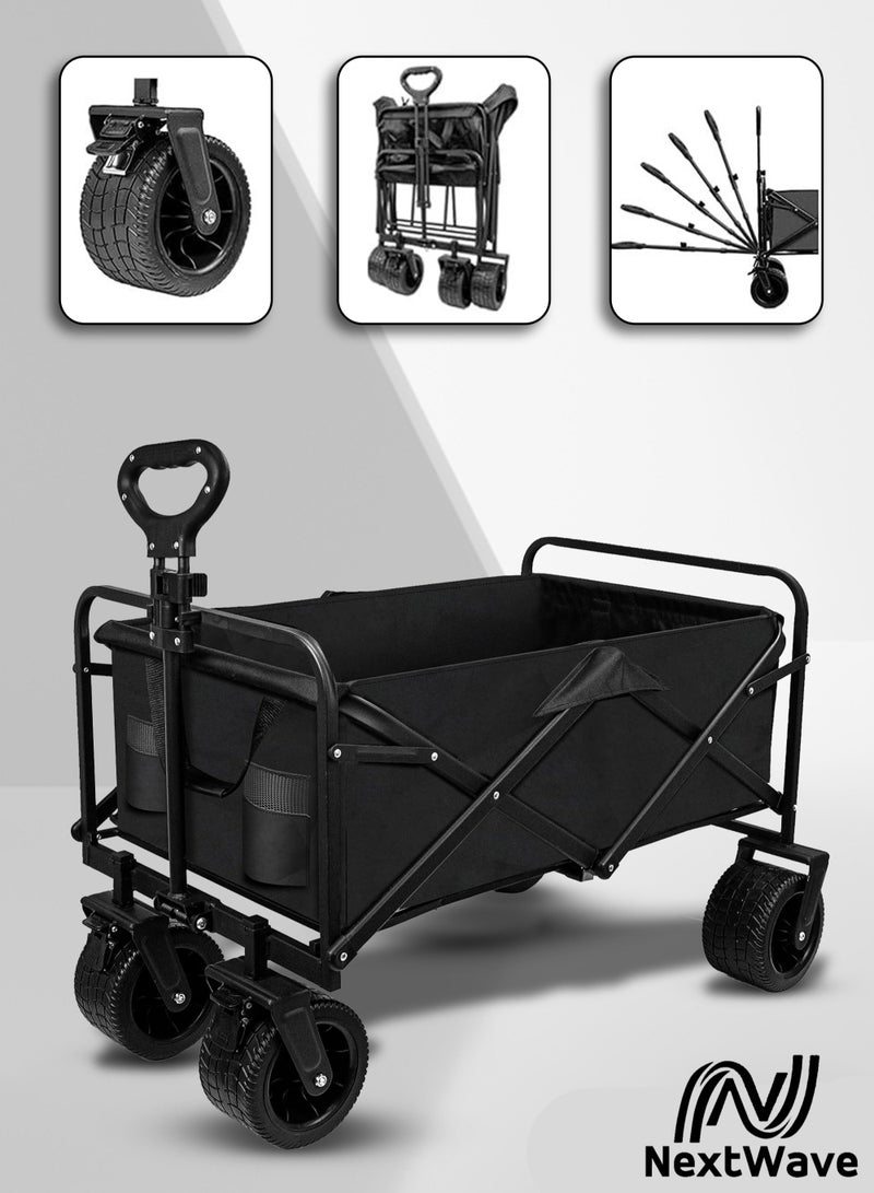 الموجة التالية عربة قابلة للطي كبيرة الحجم شديدة التحمل مع عجلات كبيرة تدور 360 درجة لجميع التضاريس، سعة 150 كجم، مقبض قابل للتعديل، إطار من سبائك الألومنيوم - عربة محمولة متعددة الاستخدامات للشاطئ والتخييم والتسوق والاستخدام في الهواء الطلق - Image 1